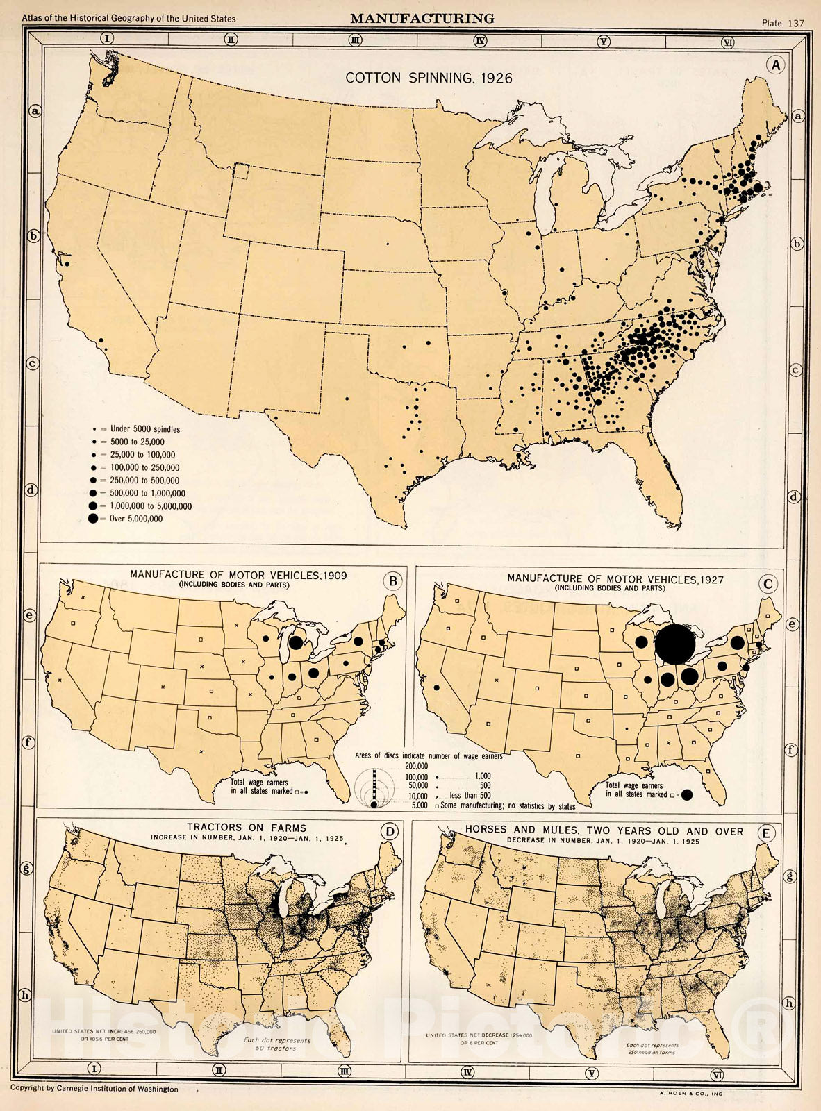 Historic Map : Plate 137. Manufacturing. Cotton Spinning, 1926. Motor Vehicles, 1909 - 1927. Horses and Mules., 1932, Vintage Wall Decor