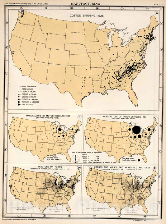 Historic Map : Plate 137. Manufacturing. Cotton Spinning, 1926. Motor Vehicles, 1909 - 1927. Horses and Mules., 1932, Vintage Wall Decor