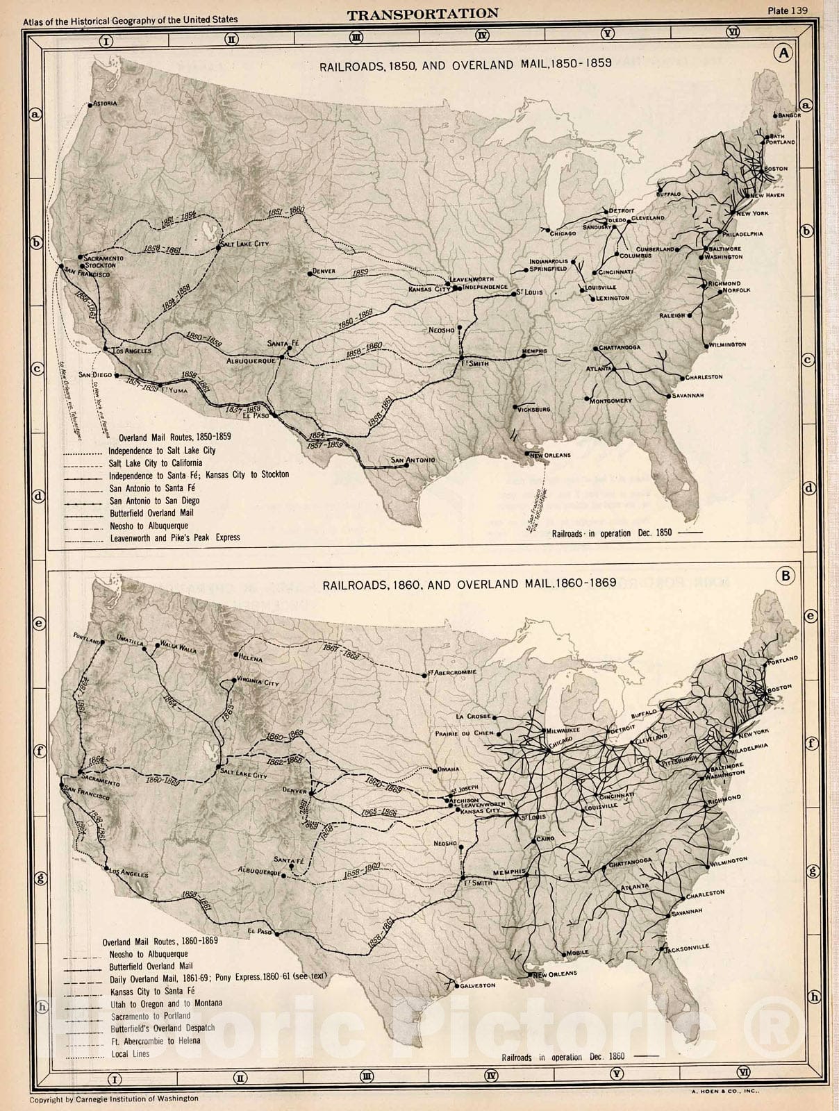 Historic Map : Plate 139. Transportation. Railroads, 1850 - 1860. Overland Mail 1850 - 1859., 1932, Vintage Wall Decor