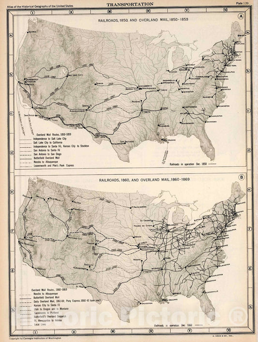 Historic Map : Plate 139. Transportation. Railroads, 1850 - 1860. Overland Mail 1850 - 1859., 1932, Vintage Wall Decor