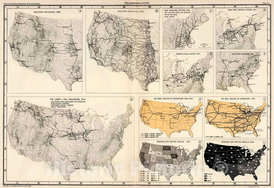 Historic Map : Plate 141. Transportation. Railroads, 1880 - 1914. Air Mail Routes, 1920, 1927. Air Mail Motor Vehicles, 1930., 1932, Vintage Wall Decor