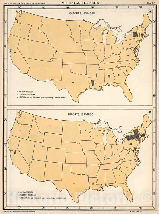 Historic Map : Plate 149. Imports and Exports, 1851 - 1880., 1932, Vintage Wall Decor