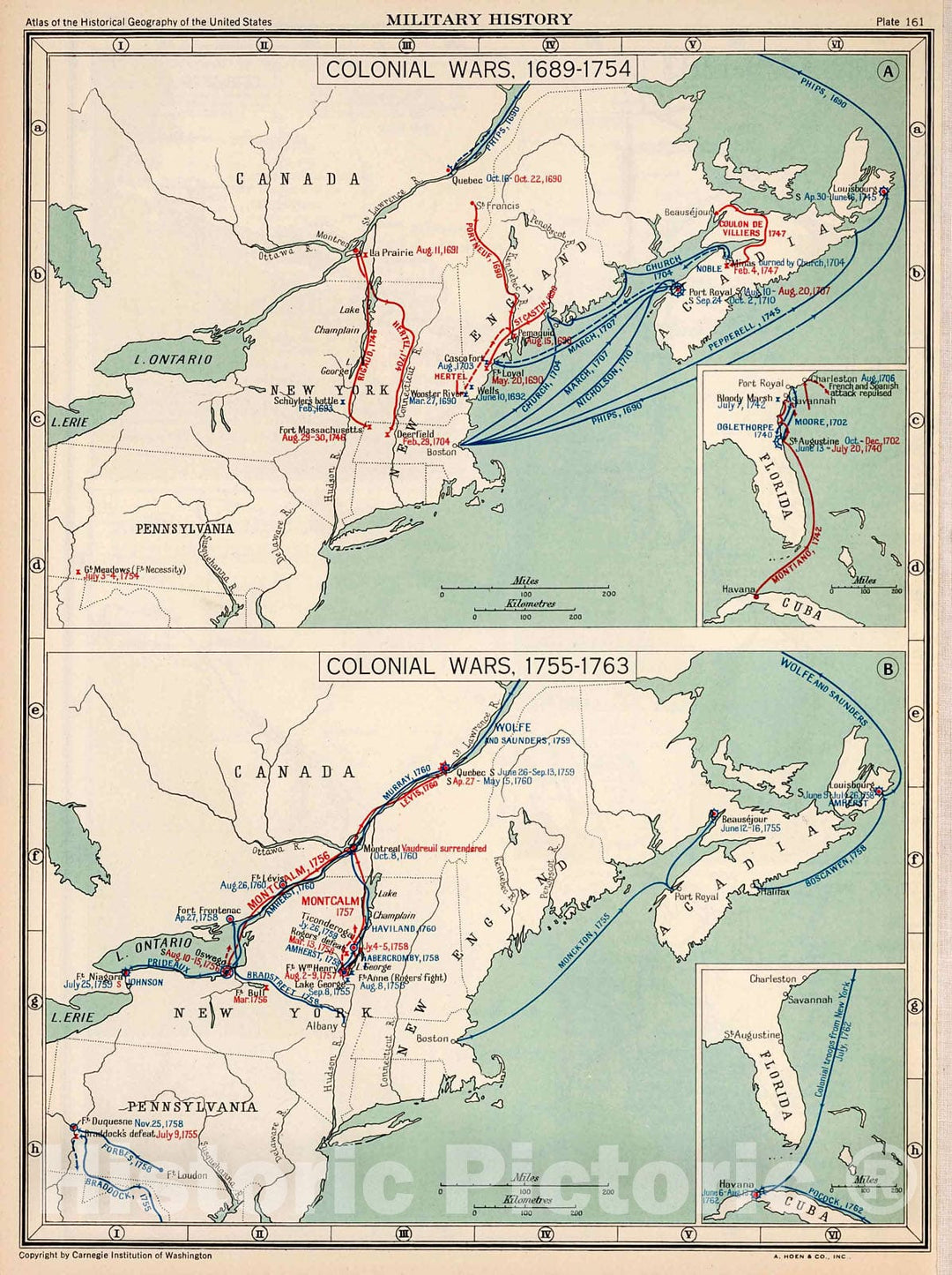 Historic Map : Plate 161. Military History. Colonial Wars, 1689 - 1763., 1932, Vintage Wall Decor