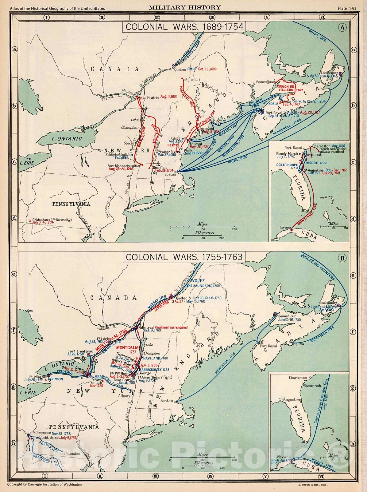 Historic Map : Plate 161. Military History. Colonial Wars, 1689 - 1763., 1932, Vintage Wall Decor