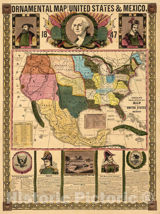 Historic Map : Ornamental Map Of The United States & Mexico, 1847, 1847, Vintage Wall Decor