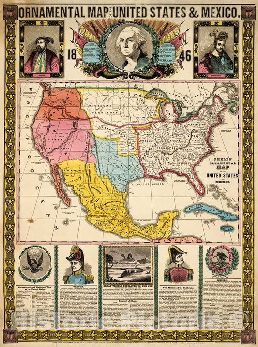 Historic Map : Ornamental Map Of The United States and Mexico, 1846, 1846, Vintage Wall Decor