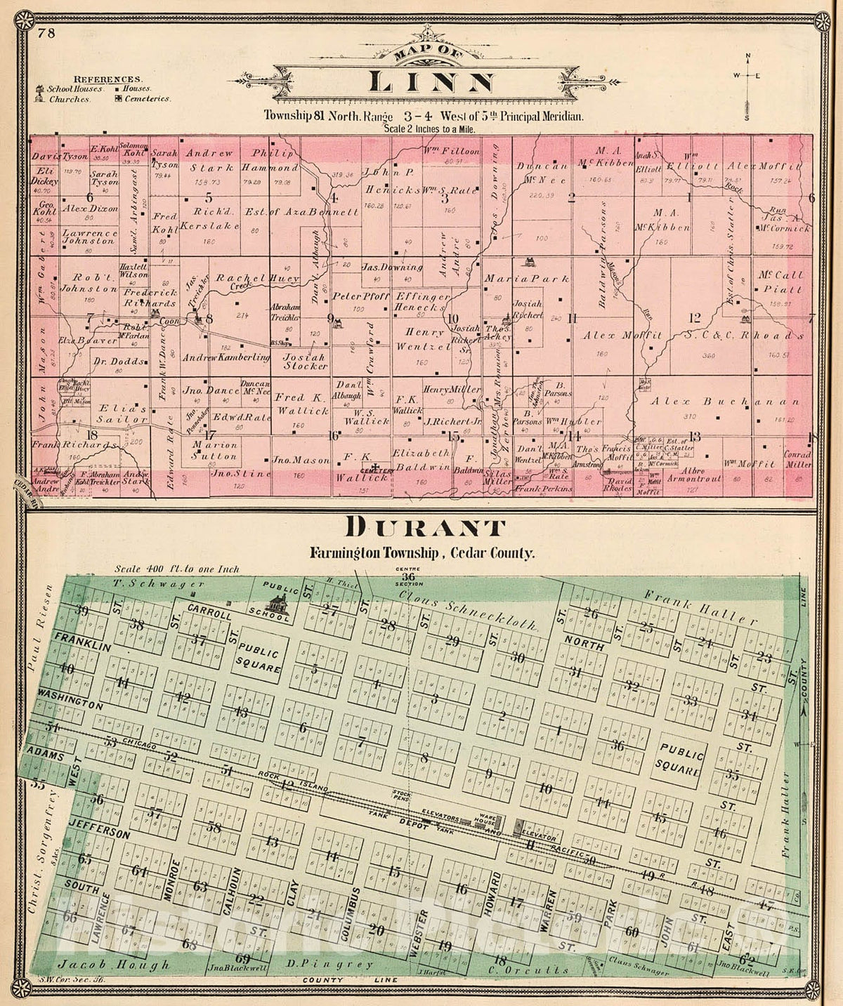 Historic Map : Linn Township, Cedar County, Iowa. Durant. View: Residences and Cattle of Cedar County, Iowa., 1885, Vintage Wall Decor