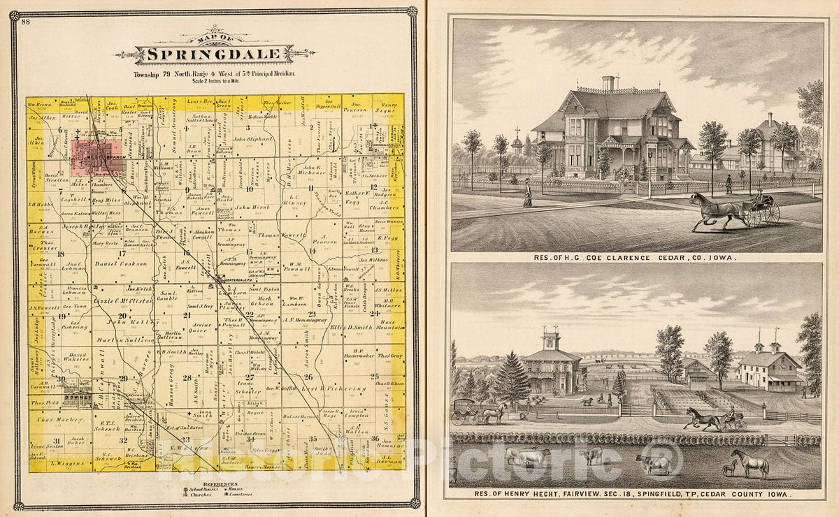 Historic Map : Springdale Township, Cedar County, Iowa. View: Residences of H.G. Coe and Henry Hecht, Cedar County, Iowa., 1885, Vintage Wall Decor