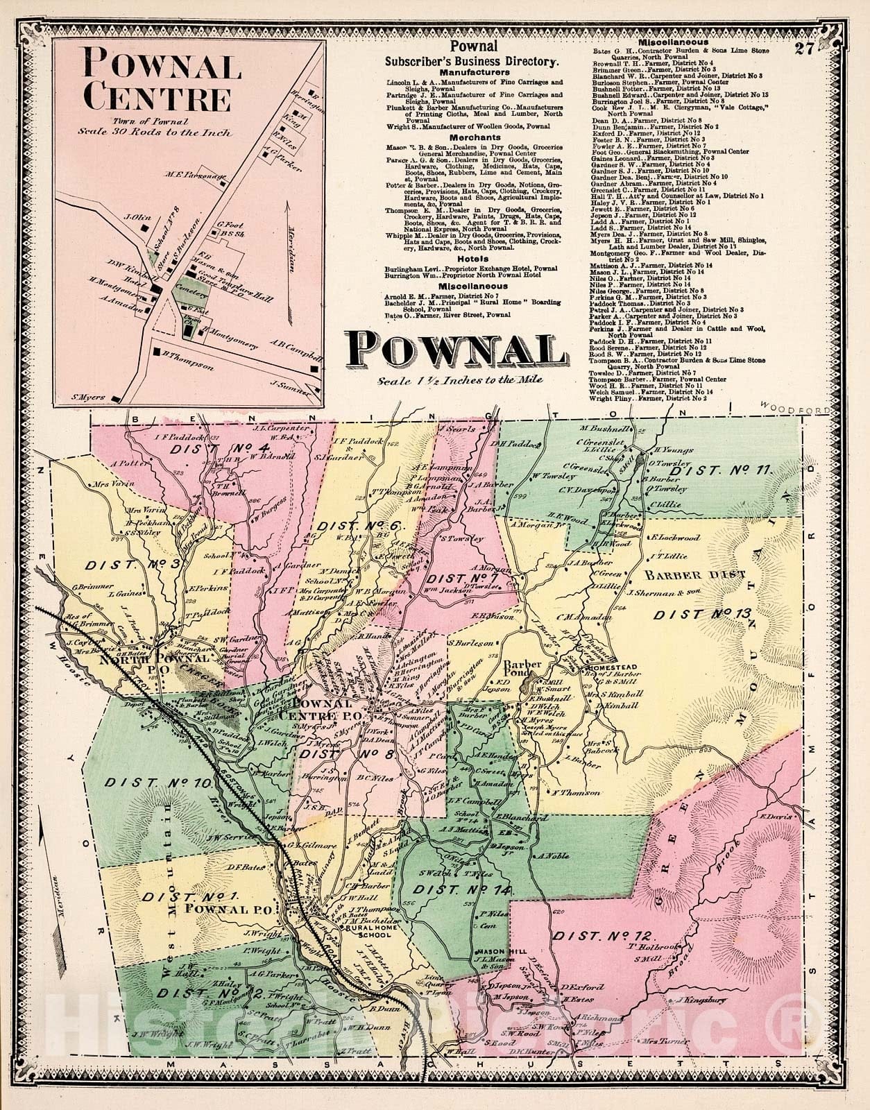 Historic Map : Pownal, Bennington County, Vermont. Pownal Centre., 1869, Vintage Wall Decor