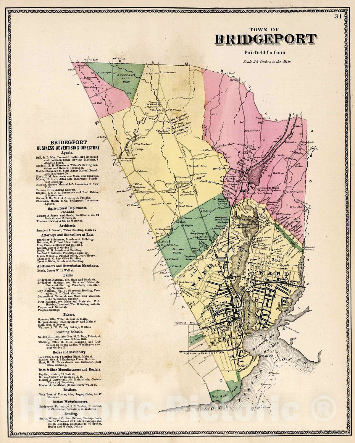 Historic Map : Town of Bridgeport, Fairfield County, Connecticut., 1867, Vintage Wall Decor