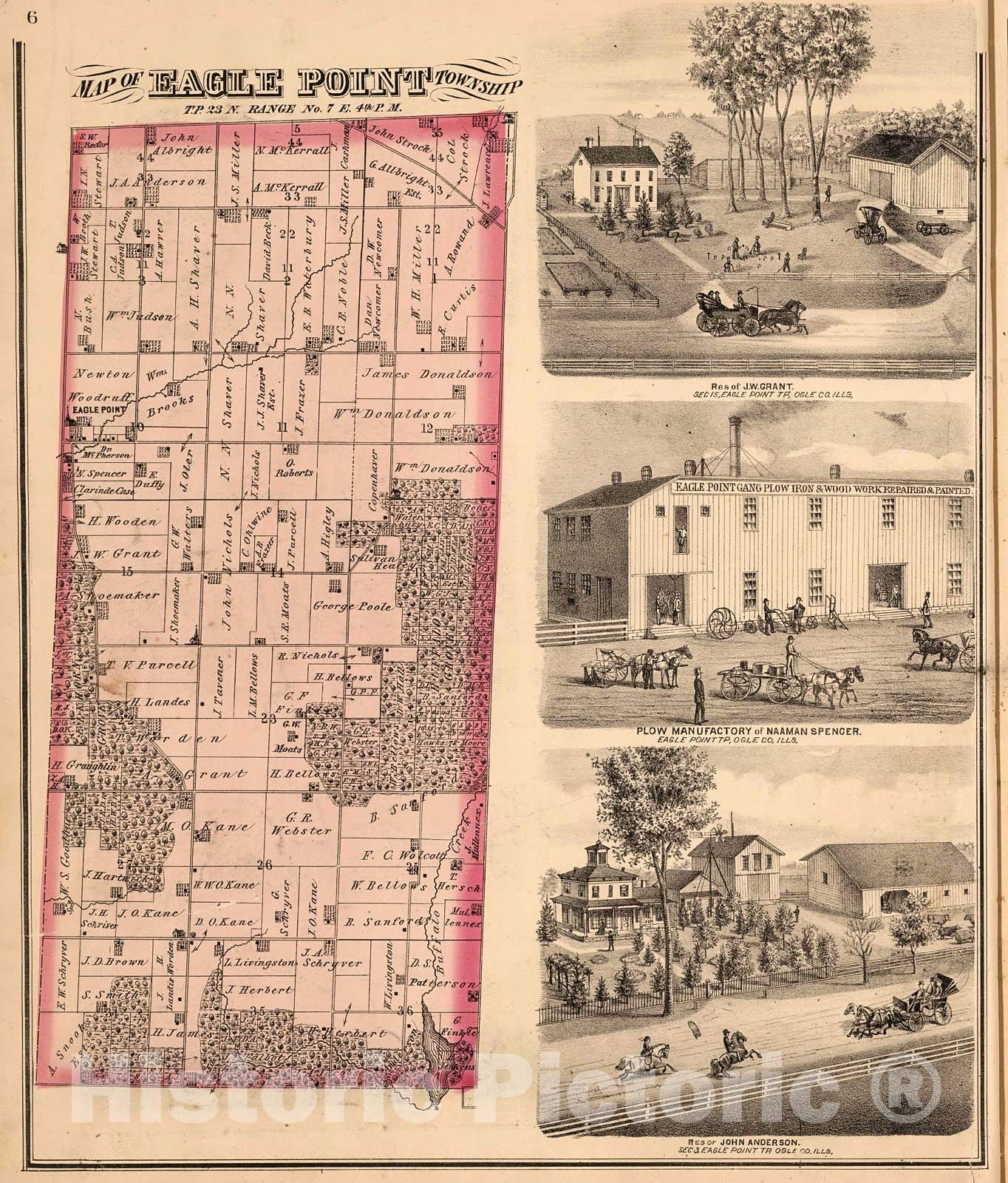Historic Map : Eagle Point Township, Ogle County Illinois. View: Residences and Businesses of Ogle County, Illinois., 1872, Vintage Wall Decor