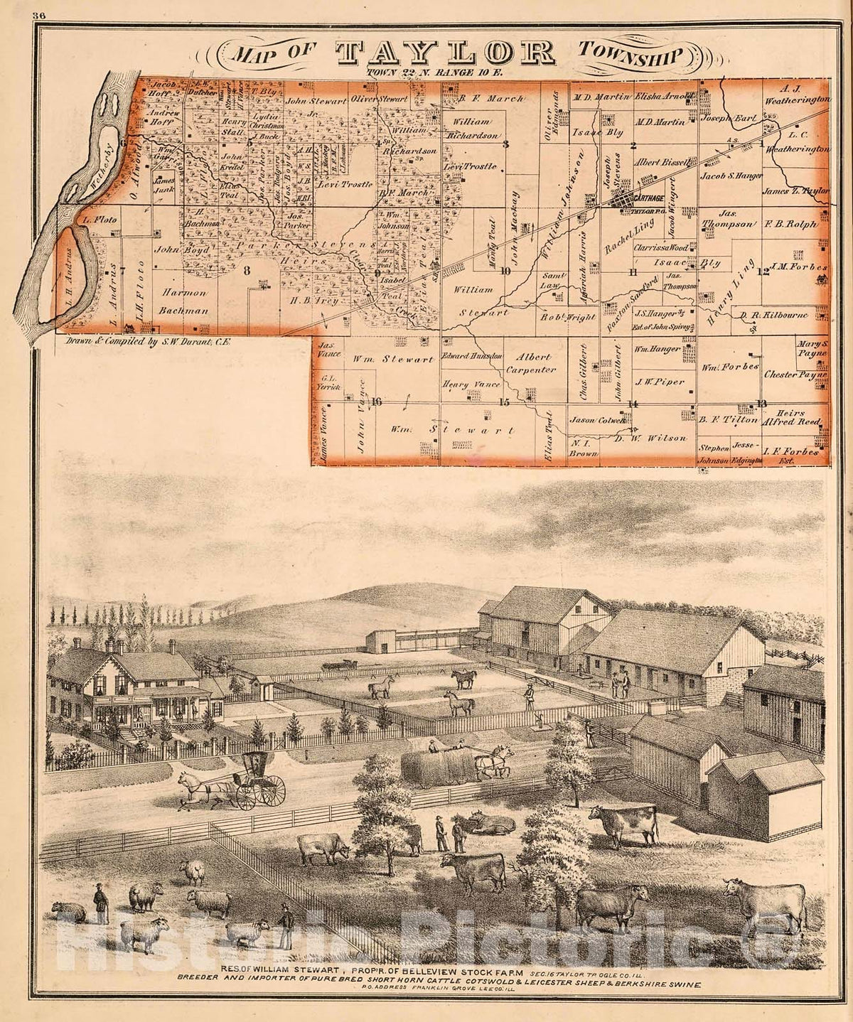 Historic Map : Taylor Township, Ogle County, Illinois. View: Residences and Businesses of Ogle County, Illinois., 1872, Vintage Wall Decor