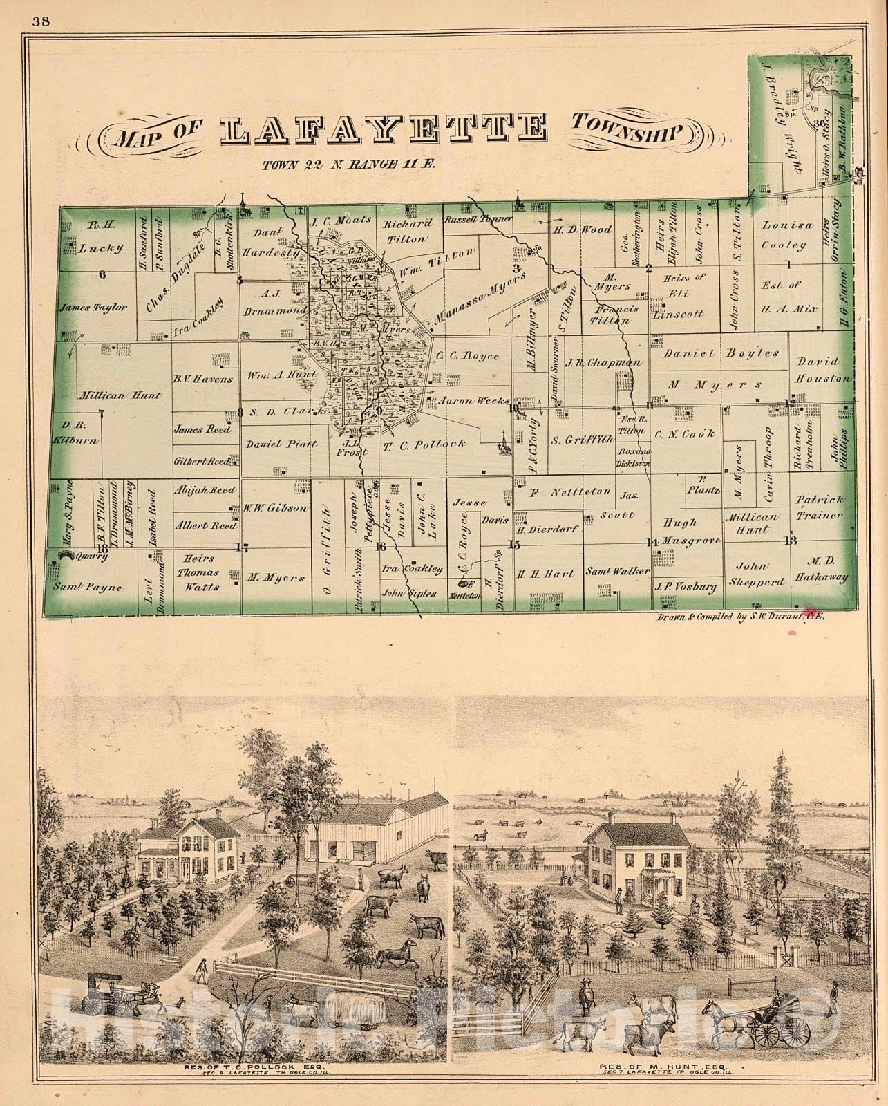 Historic Map : Lafayette Township, Ogle County, Illinois. View: Residences of Ogle County, Illinois., 1872, Vintage Wall Decor