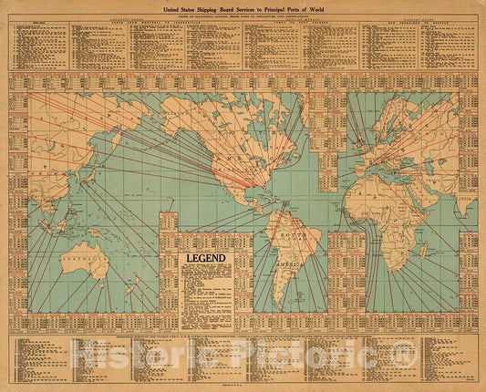 Historic Map : United States Shipping Board Services to Principal Ports of World, 1923, Vintage Wall Decor