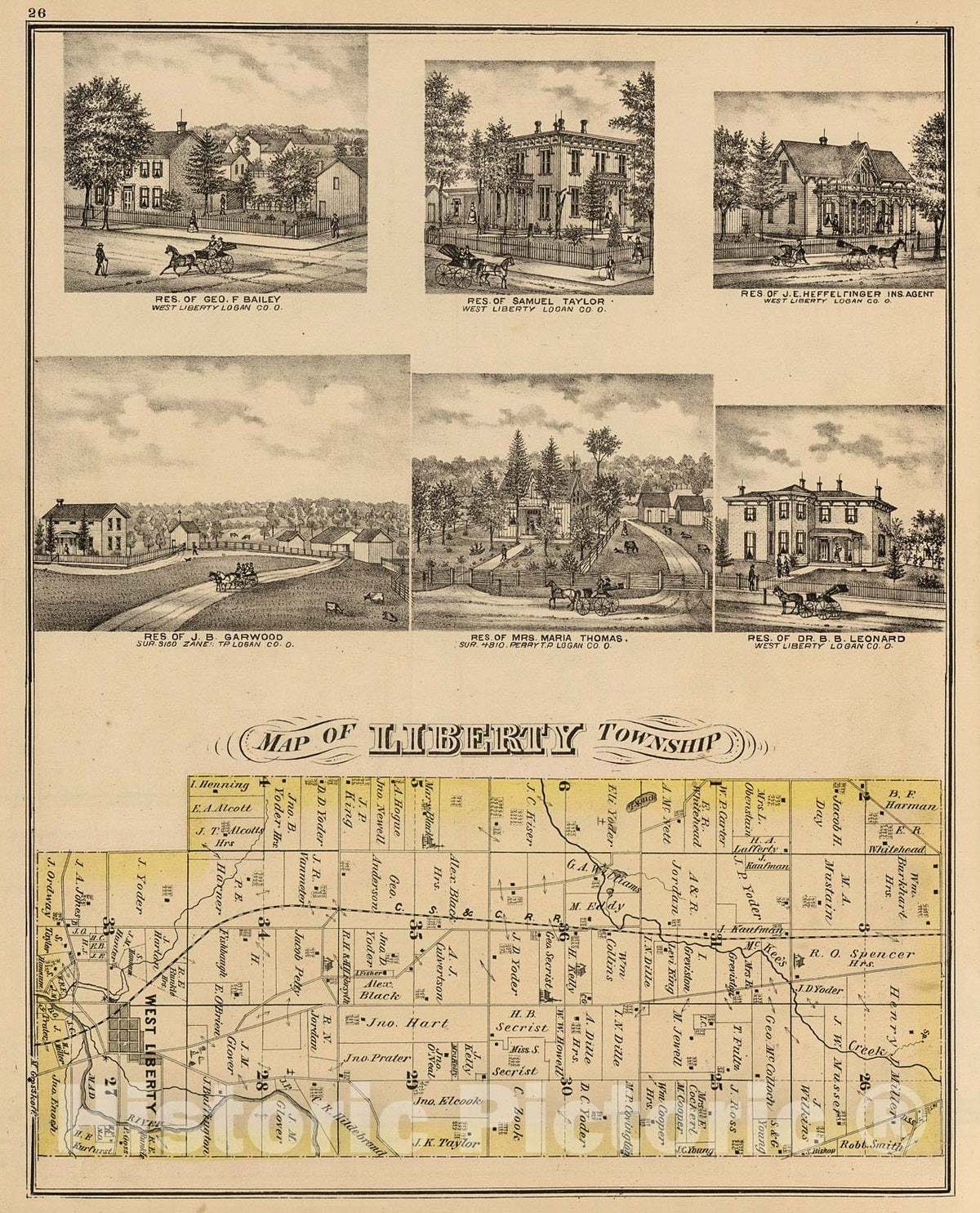 Historic Map : Liberty Township, Logan County, Ohio. View: Residences of George F. Bailey, Samuel Taylor, Heffelfinger, etc., 1875, Vintage Wall Decor