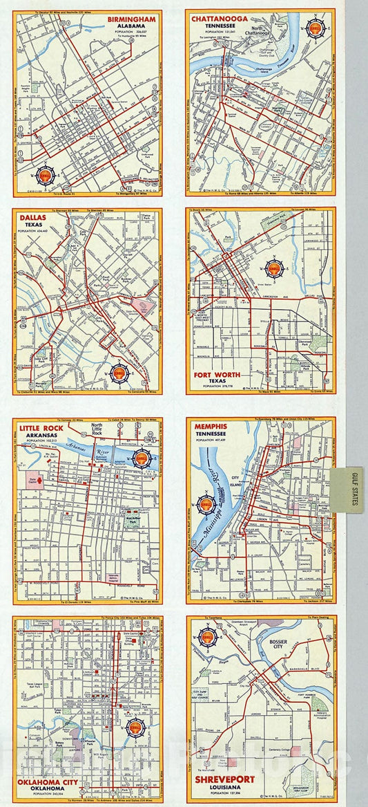 Historic Map : Various Regions and Cities in the Shell Sectional Map No. eight - Gulf States., 1956, Vintage Wall Decor