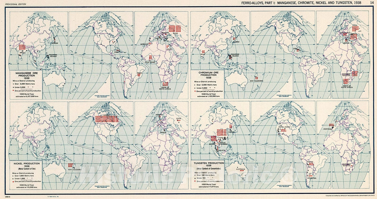 Historic Map : Ferro-Alloys, Part I: Manganese, Chromite, Nickel and Tungsten, 1938, 14., 1943, Vintage Wall Decor