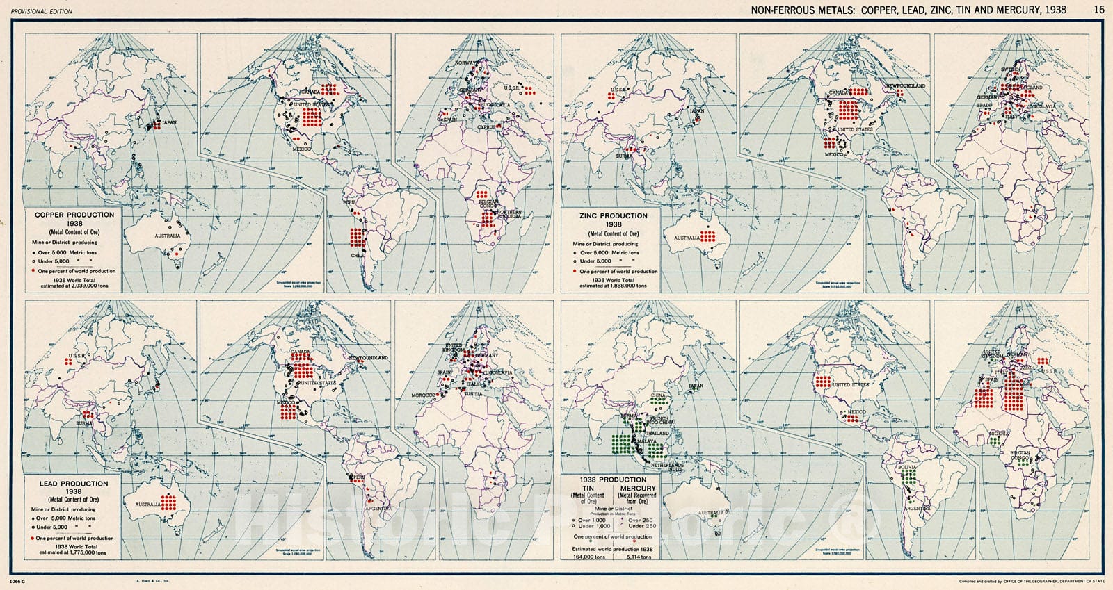 Historic Map : Non-Ferrous Metals: Copper, Lead, Zinc, Tin and Mercury, 1938, 16., 1943, Vintage Wall Decor