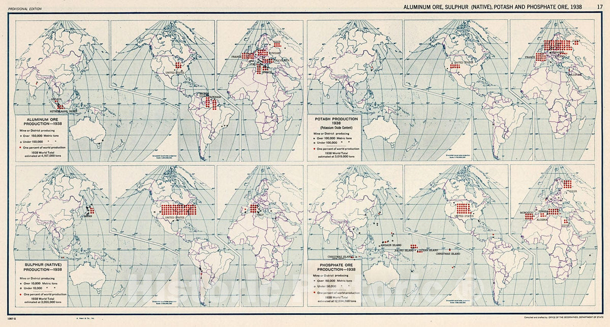 Historic Map : Aluminum Ore, Sulphur (Native), Potash and Phosphate Ore, 1938, 17., 1943, Vintage Wall Decor