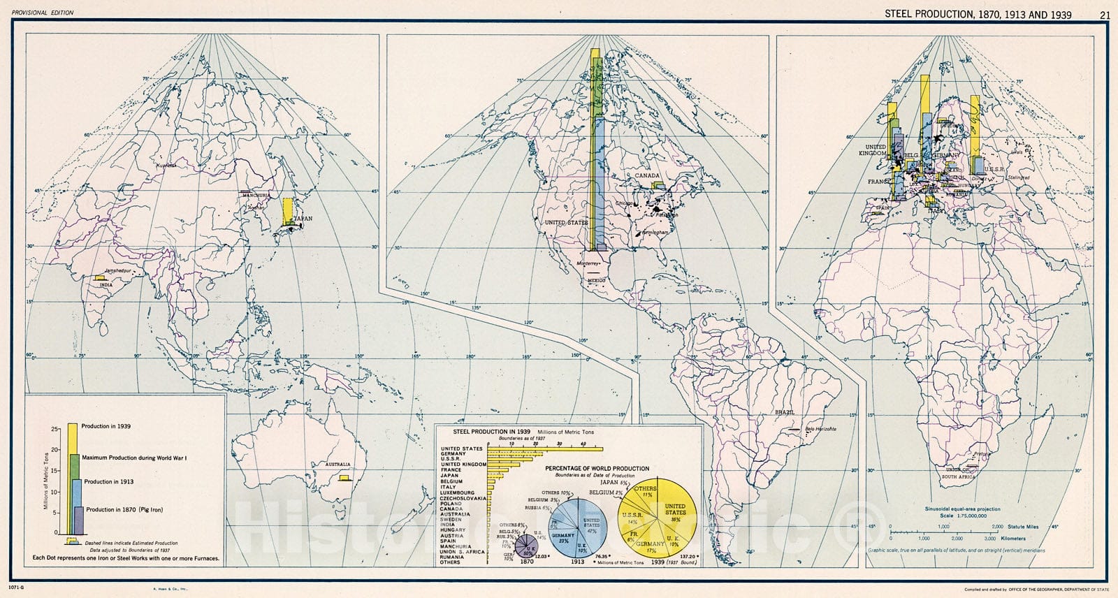 Historic Map : Steel Production 1870, 1913 and 1939, 21., 1943, Vintage Wall Decor