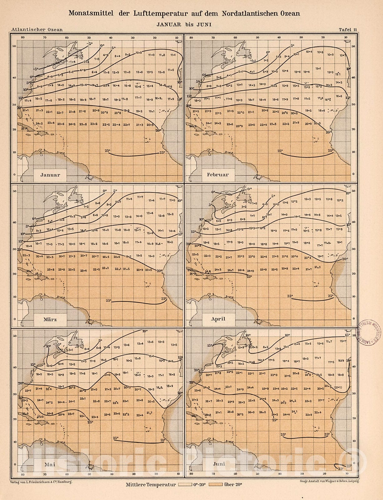 Historic Map : Monatsmittel der lufttemperatur auf dem Nordatlantischen Ozean; Januar bis Juni, 1902, Vintage Wall Decor
