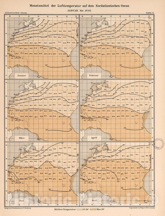 Historic Map : Monatsmittel der lufttemperatur auf dem Nordatlantischen Ozean; Januar bis Juni, 1902, Vintage Wall Decor