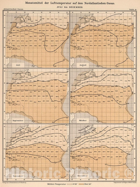 Historic Map : Monatsmittel der lufttemperatur auf dem Nordatlantischen Ozean; Juli bis Dezember, 1902, Vintage Wall Decor