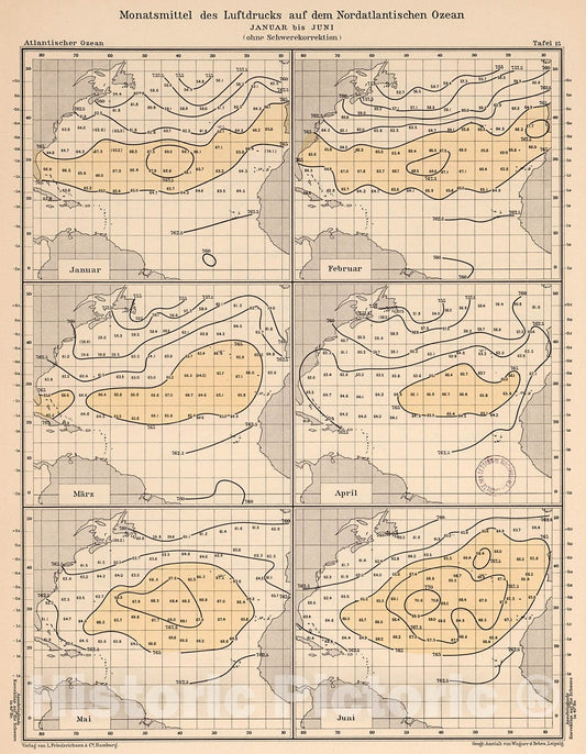Historic Map : Monatsmittel des luftdrucks auf dem Nordatlantischen Ozean; Januar bis Juni, 1902, Vintage Wall Decor