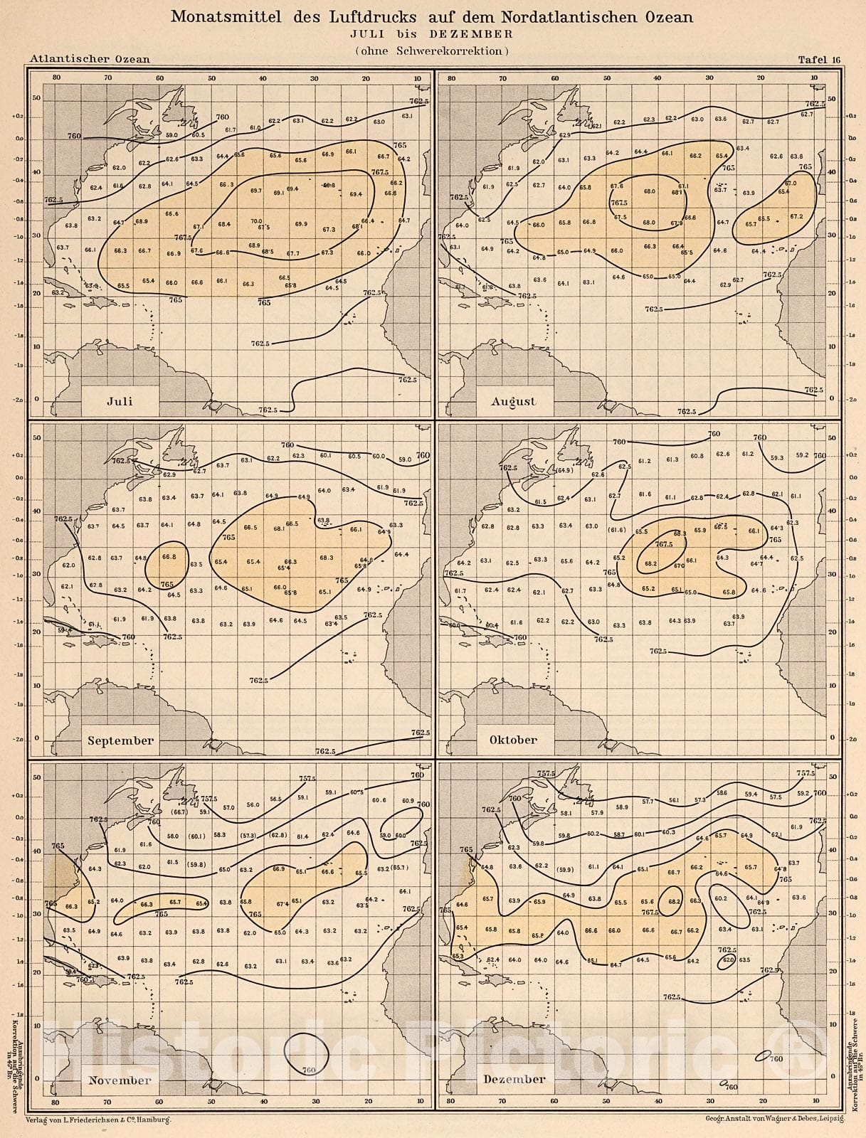 Historic Map : Monatsmittel des luftdrucks auf dem Nordatlantischen Ozean; Juli bis Dezember, 1902, Vintage Wall Decor
