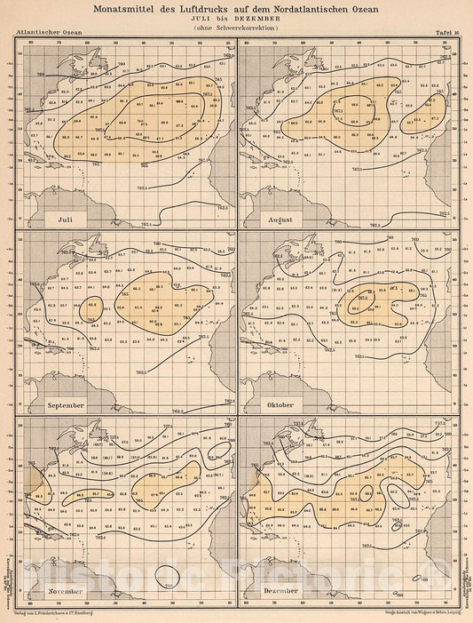 Historic Map : Monatsmittel des luftdrucks auf dem Nordatlantischen Ozean; Juli bis Dezember, 1902, Vintage Wall Decor