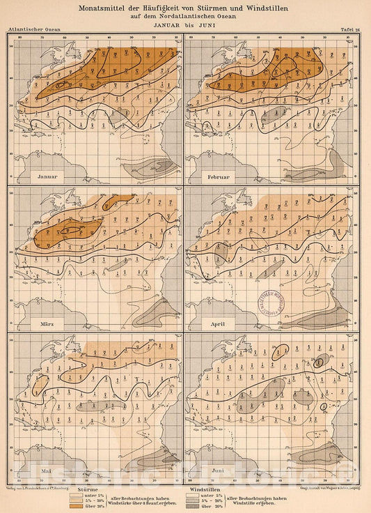 Historic Map : Monatsmittel der Haufigkeit von sturmen und windstillen auf dem Nordatlantischen Ozean, 1902, v1, Vintage Wall Decor