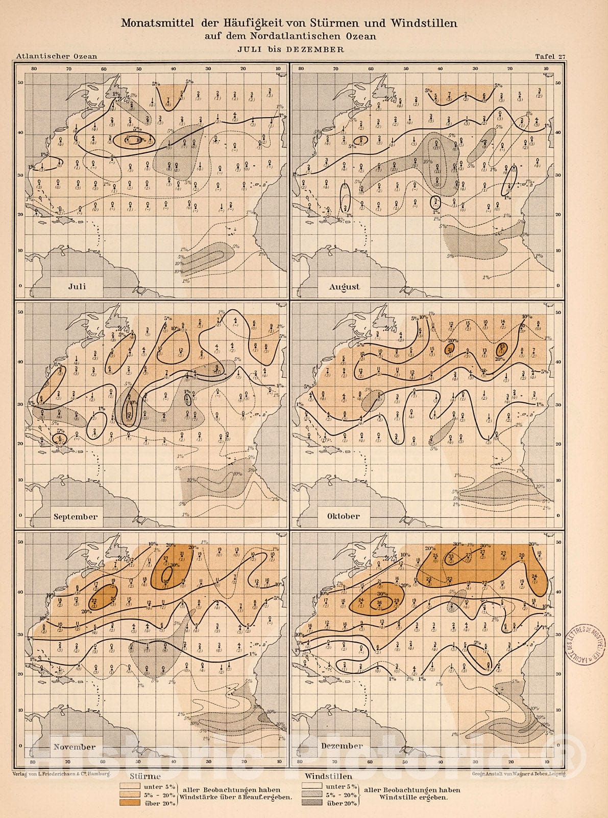 Historic Map : Monatsmittel der Haufigkeit von sturmen und windstillen auf dem Nordatlantischen Ozean, 1902, v2, Vintage Wall Decor