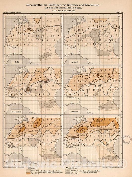Historic Map : Monatsmittel der Haufigkeit von sturmen und windstillen auf dem Nordatlantischen Ozean, 1902, v2, Vintage Wall Decor