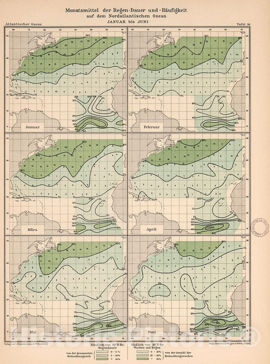 Historic Map : Monatsmittle der regen-dauer und - haufigkeit auf dem nordatlantischen Ozean, 1902, v1, Vintage Wall Decor