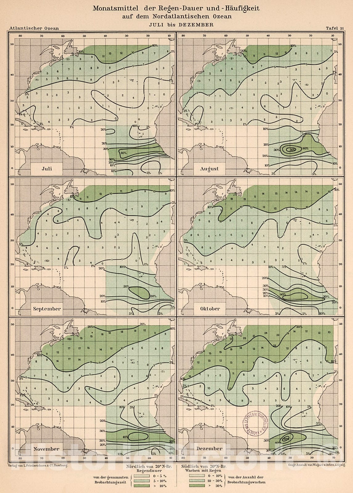 Historic Map : Monatsmittle der regen-dauer und - haufigkeit auf dem nordatlantischen Ozean, 1902, v2, Vintage Wall Decor