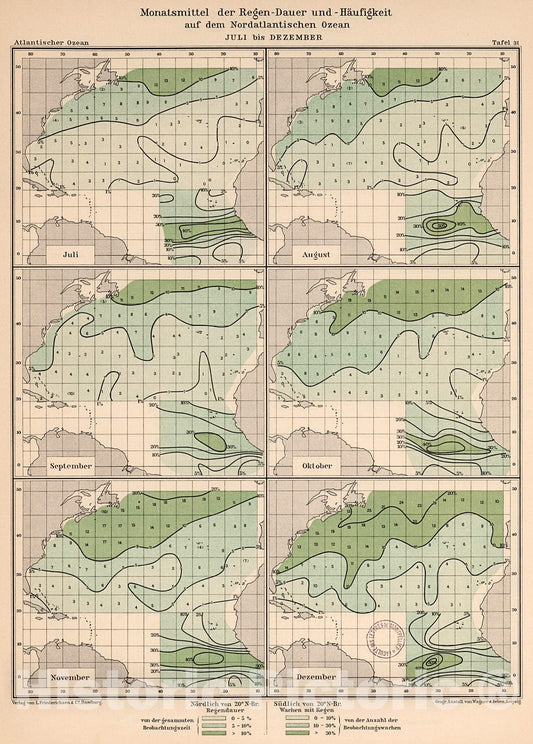 Historic Map : Monatsmittle der regen-dauer und - haufigkeit auf dem nordatlantischen Ozean, 1902, v2, Vintage Wall Decor