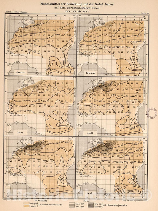 Historic Map : Monatsmittle der Bewolkung und der nebel-dauer auf dem Nordatlantischen Ozean, 1902, v1, Vintage Wall Decor