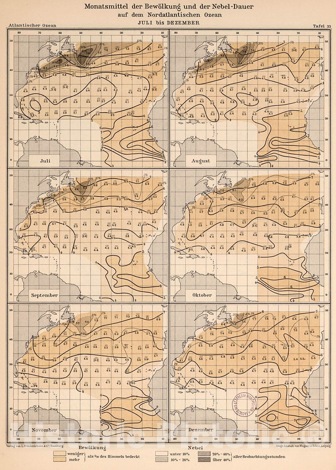 Historic Map : Monatsmittle der Bewolkung und der nebel-dauer auf dem Nordatlantischen Ozean, 1902, v2, Vintage Wall Decor