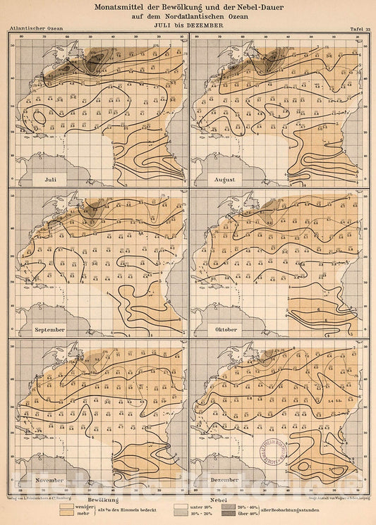 Historic Map : Monatsmittle der Bewolkung und der nebel-dauer auf dem Nordatlantischen Ozean, 1902, v2, Vintage Wall Decor