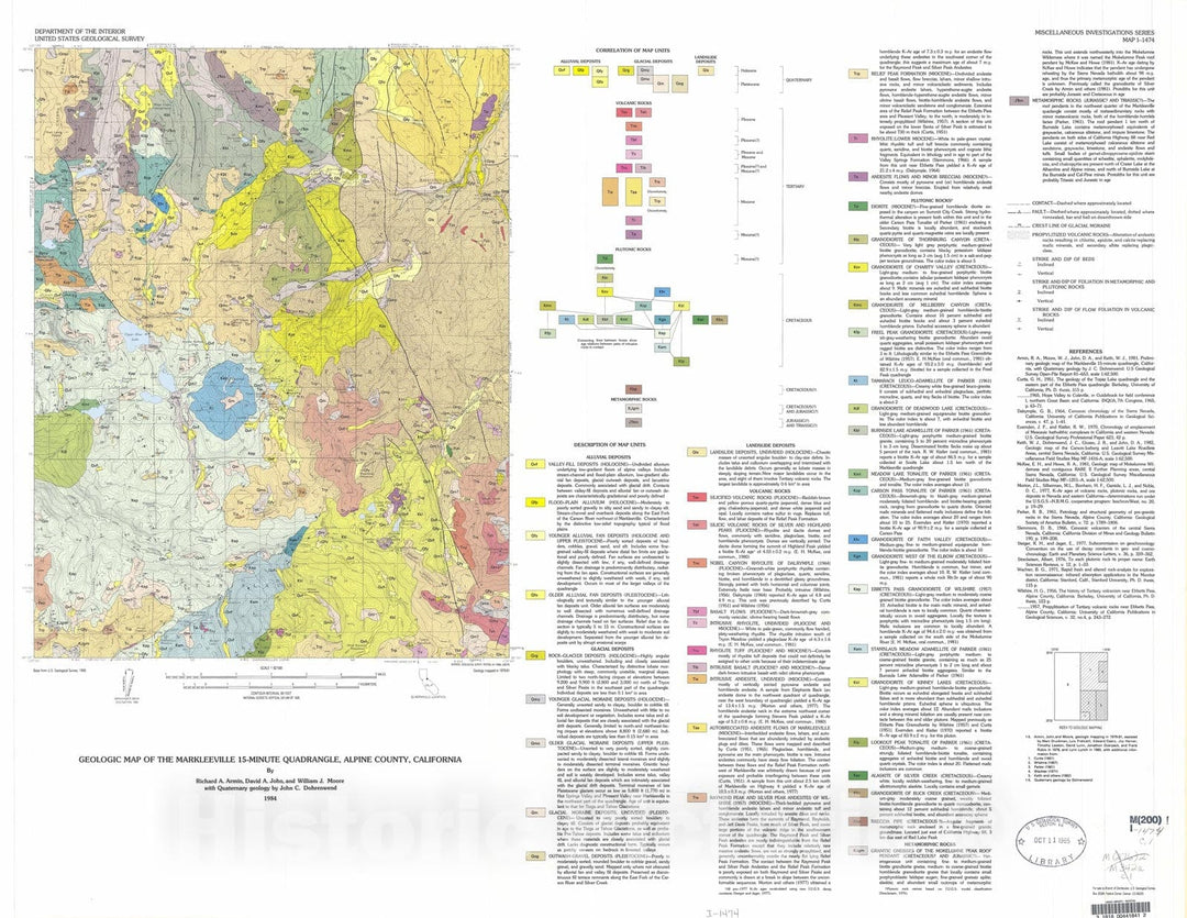 Map : Geologic map of the Markleeville 15-minute quadrangle, Alpine County, California, 1984 Cartography Wall Art :