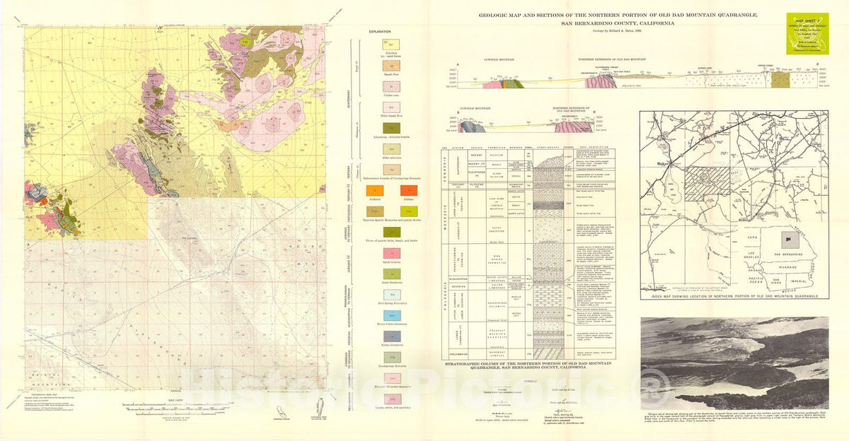 Map : Geology of the northern portion of Old Dad Mountain quadrangle, San Bernardino County, California, 1966 Cartography Wall Art :