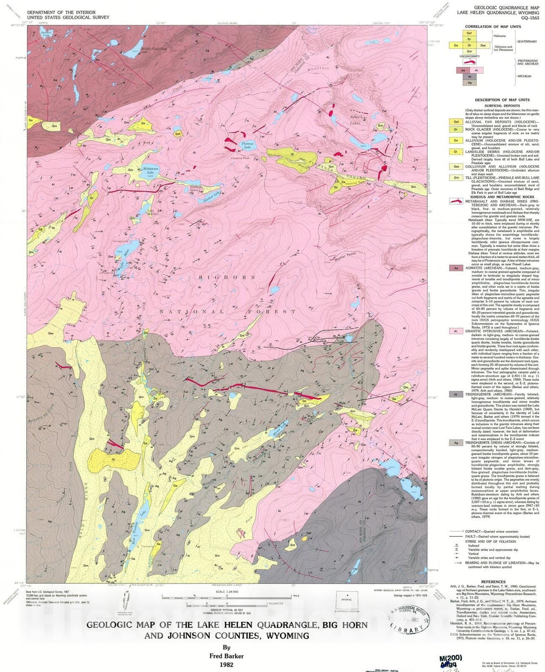 Map : Geologic map of the Lake Helen quadrangle, Big Horn and Johnson counties, Wyoming, 1982 Cartography Wall Art :