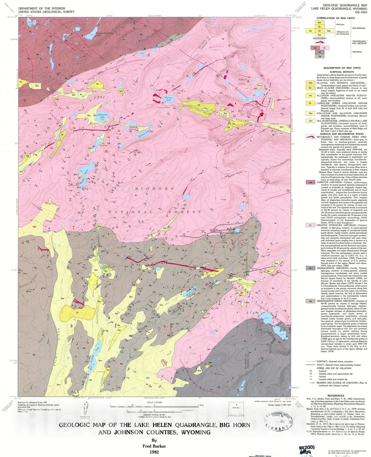 Map : Geologic map of the Lake Helen quadrangle, Big Horn and Johnson counties, Wyoming, 1982 Cartography Wall Art :