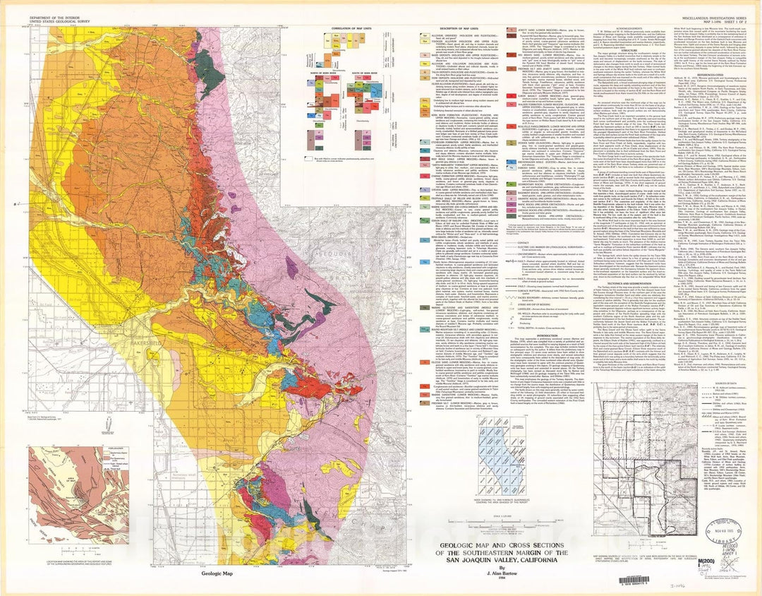 Map : Geologic map and cross sections of the southeastern margin of the San Joaquin Valley, California, 1984 Cartography Wall Art :