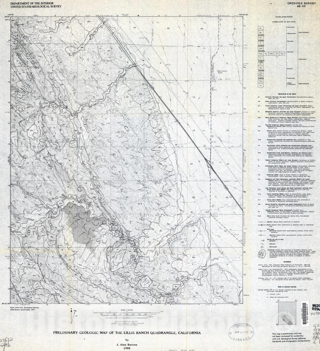 Map : Preliminary geologic map of the Lillis Ranch quadrangle, California, 1988 Cartography Wall Art :