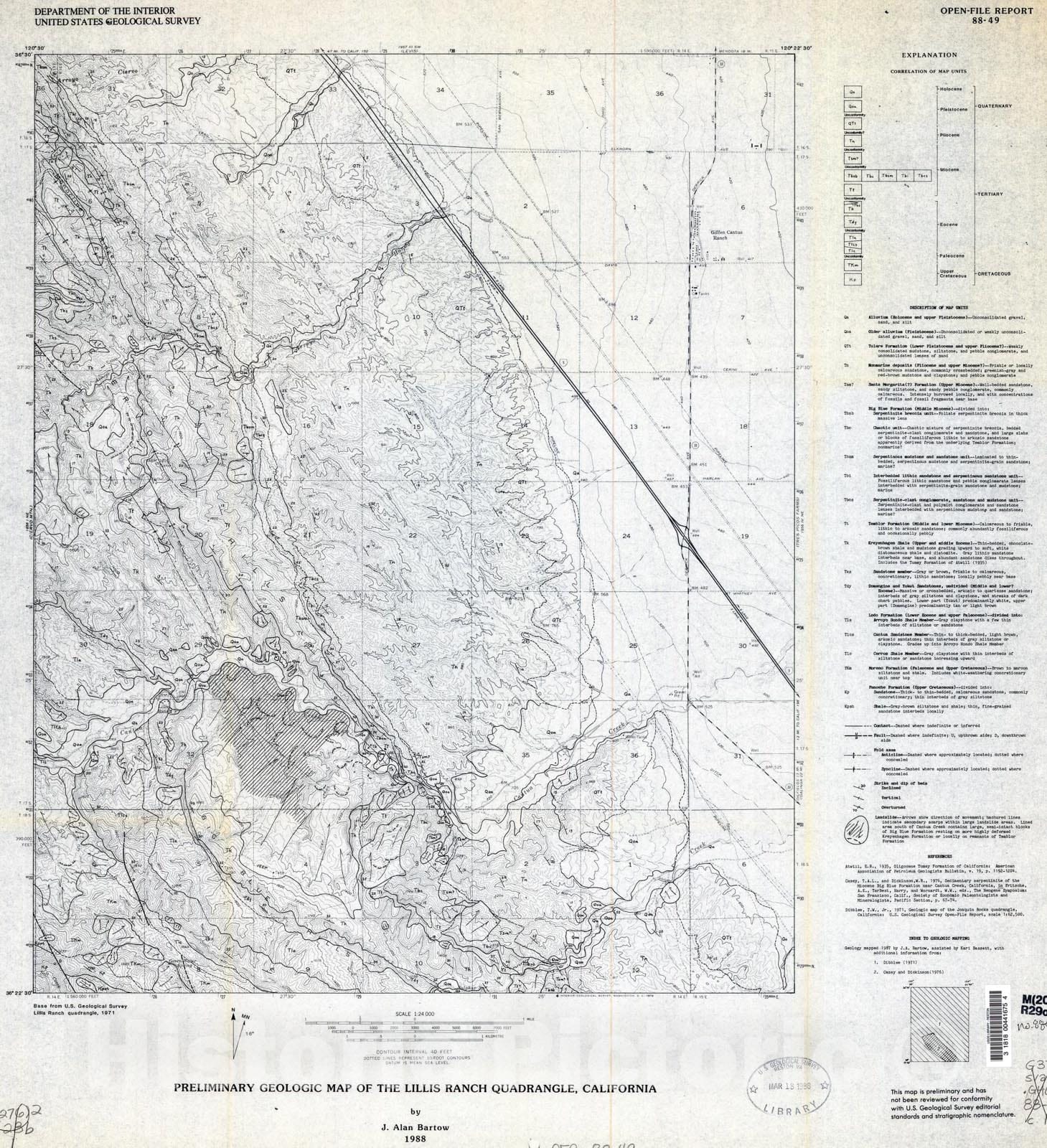 Map : Preliminary geologic map of the Lillis Ranch quadrangle, California, 1988 Cartography Wall Art :