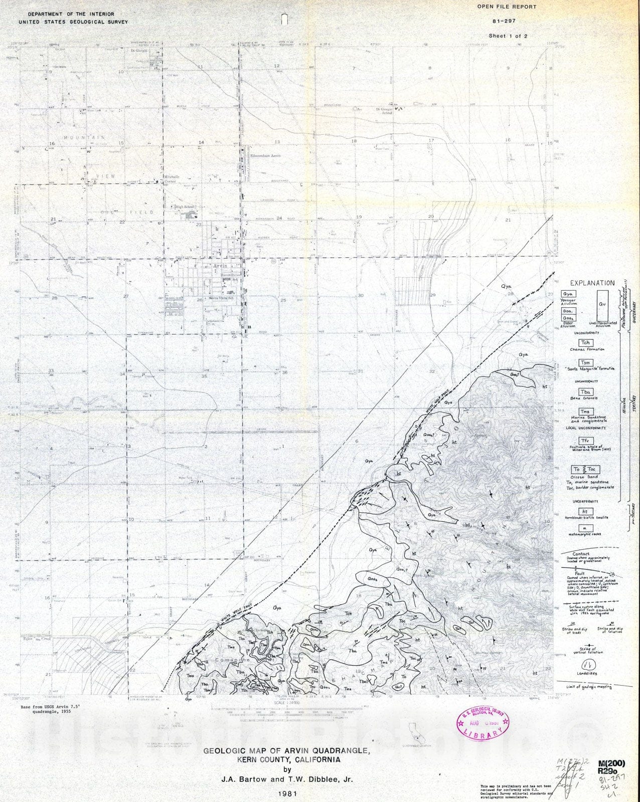Map : Geology of the Tejon Hills area - Arvin and Tejon Hills quadrangles, Kern County, California, 1981 Cartography Wall Art :