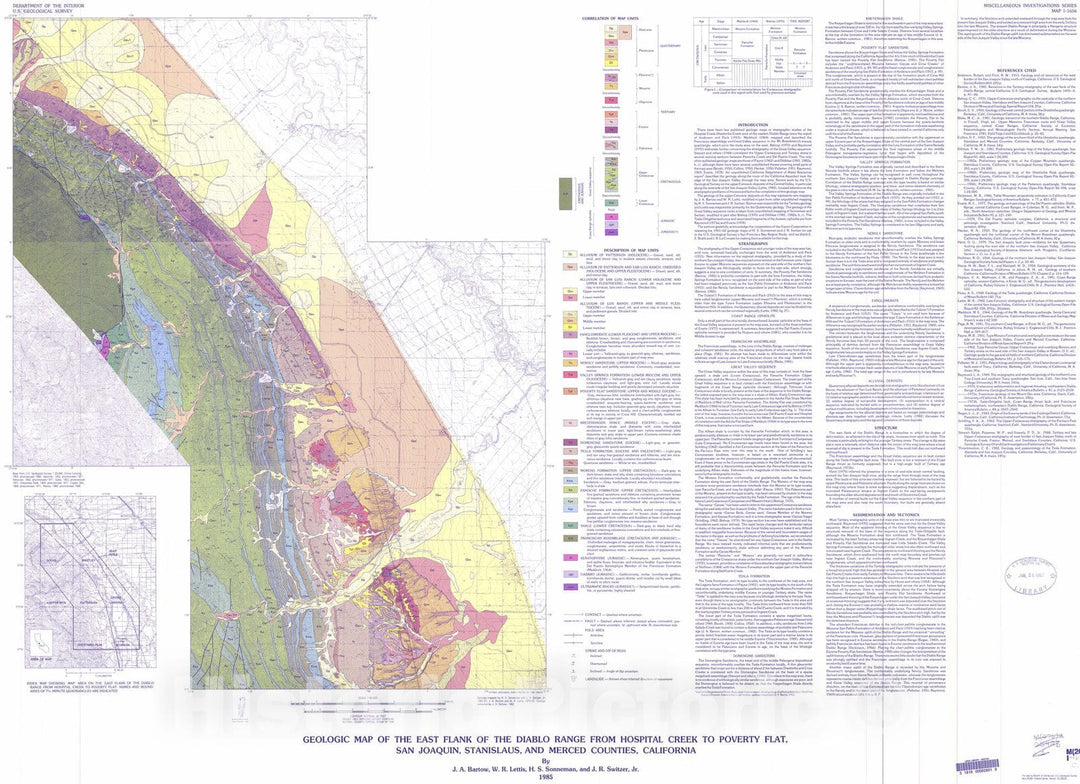 Map : Geologic map of the east flank of the Diablo Range from Hospital Creek to Poverty Flat, San Joaquin, Stanislaus, and Merced Counties, California, 1985 Cartography Wall Art :