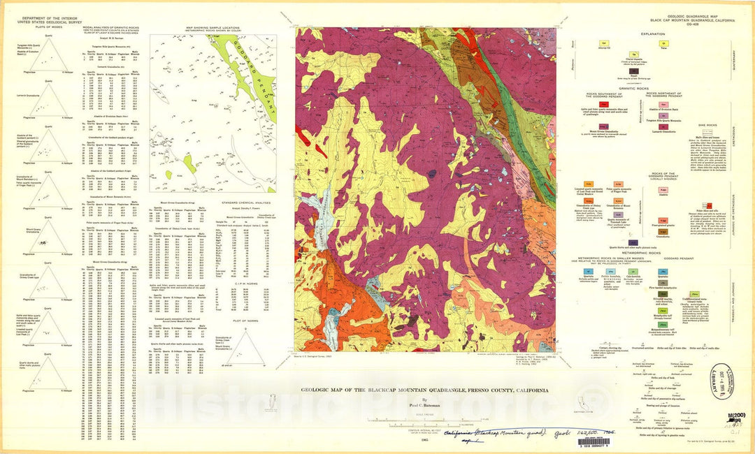 Map : Geologic map of the Blackcap Mountain quadrangle, Fresno County, California, 1965 Cartography Wall Art :