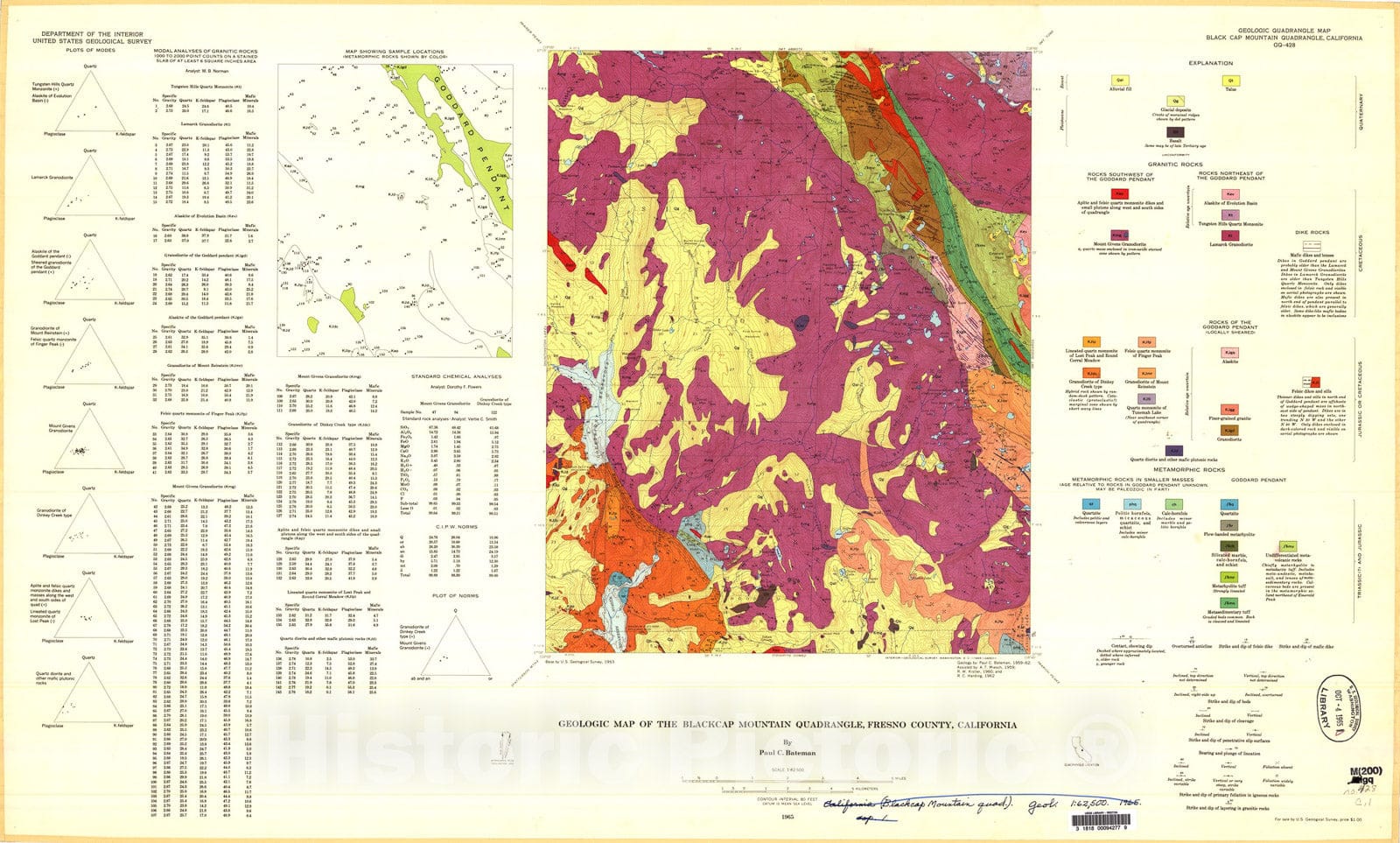 Map : Geologic map of the Blackcap Mountain quadrangle, Fresno County, California, 1965 Cartography Wall Art :